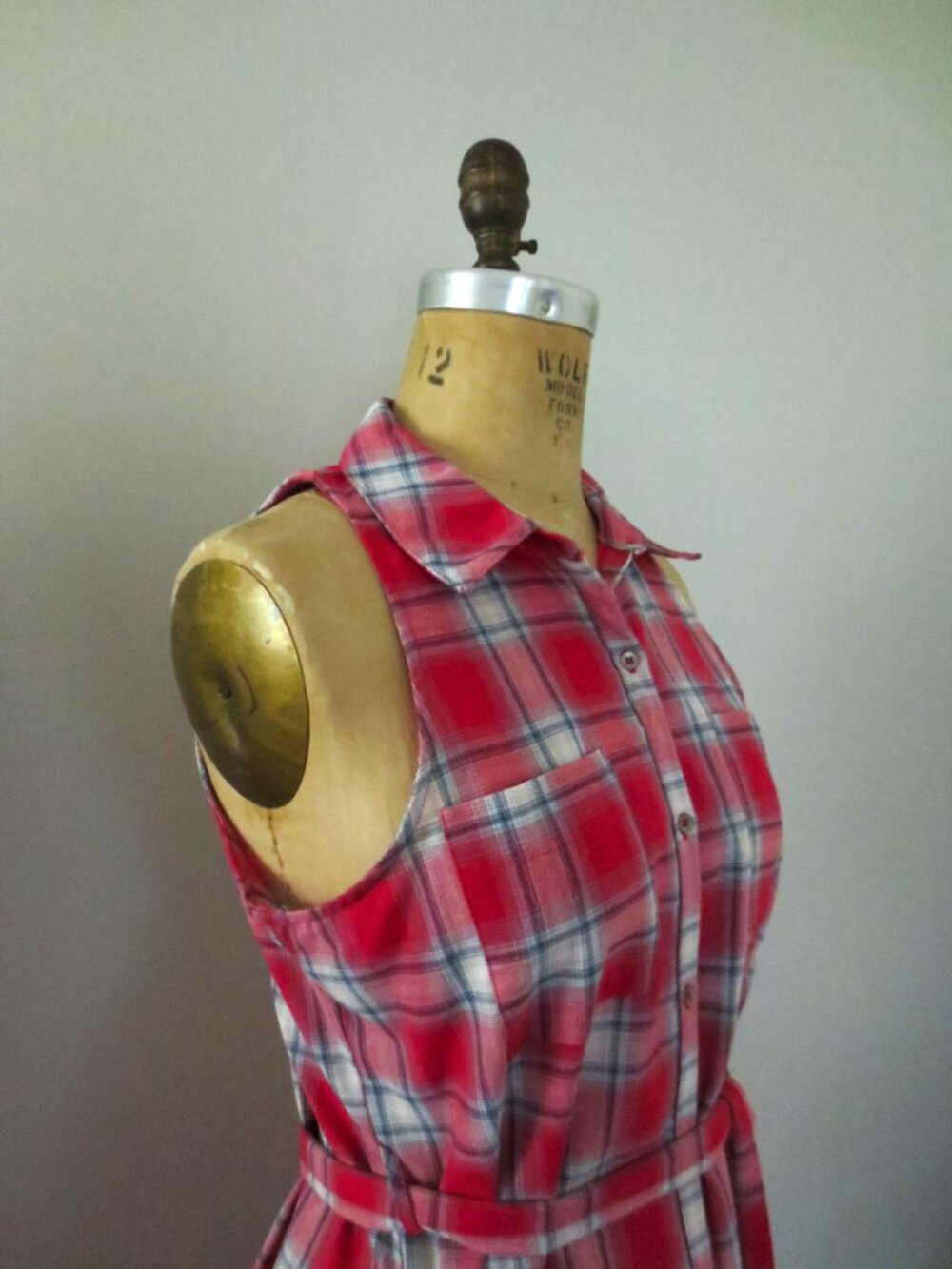 Classic Americana Red & White Plaid Button Front Short Sleeve Shirt Dress - Picture 5 of 15